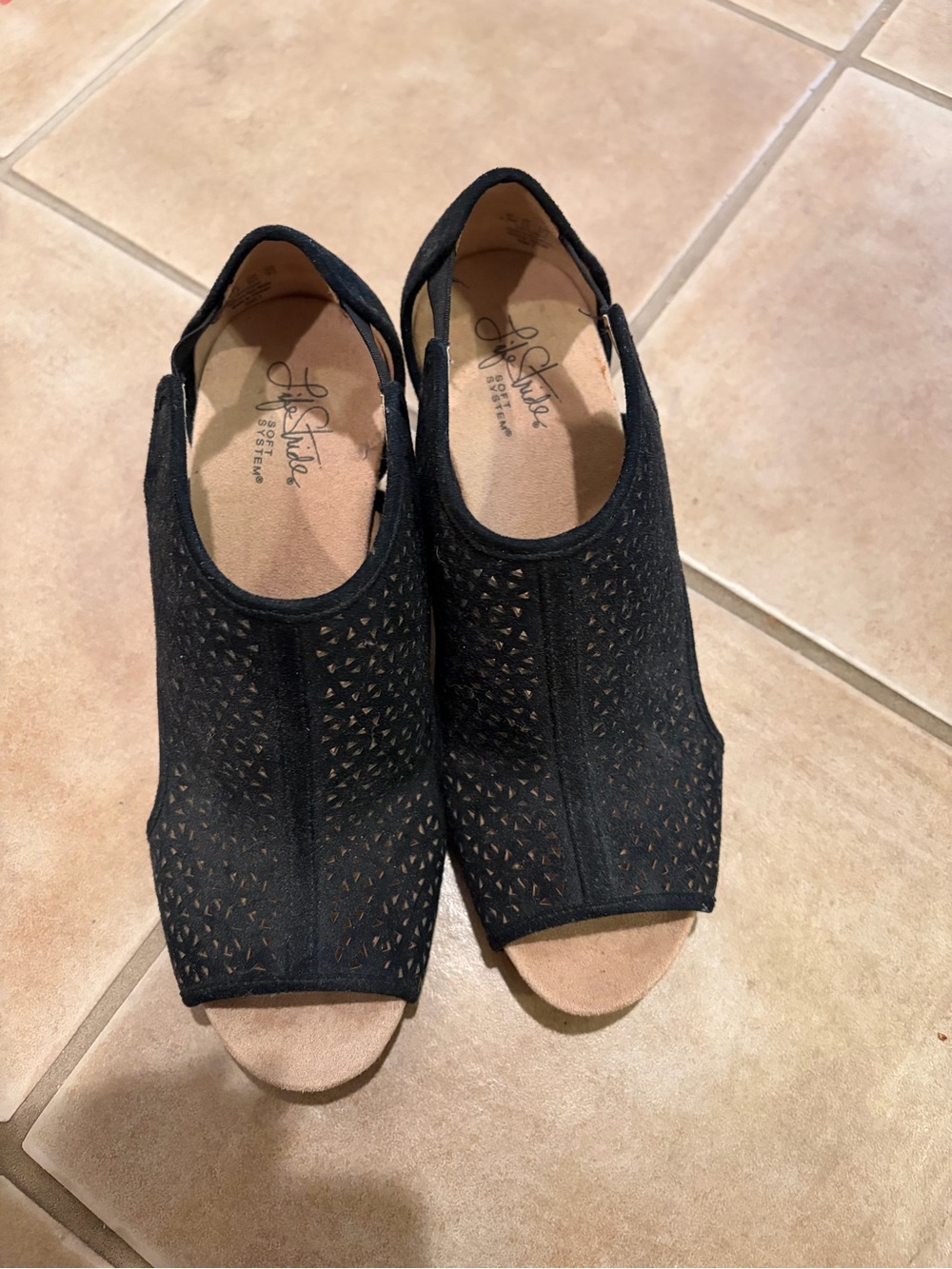 Life Stride Black Laser-Cut Peep Toe Wedge Sandals